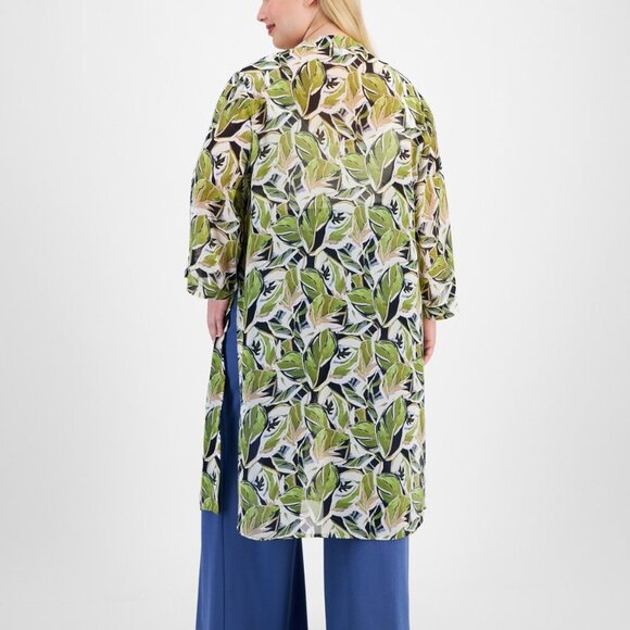 Anne Klein Plus Size Printed Open-Front Duster Jacket - Black/Bay Leaf 1X NWT - Picture 4 of 4
